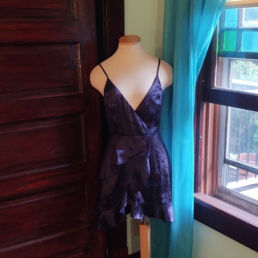 altar'd state Floral Navy Blue Satin Faux Wrap Dress Sz M